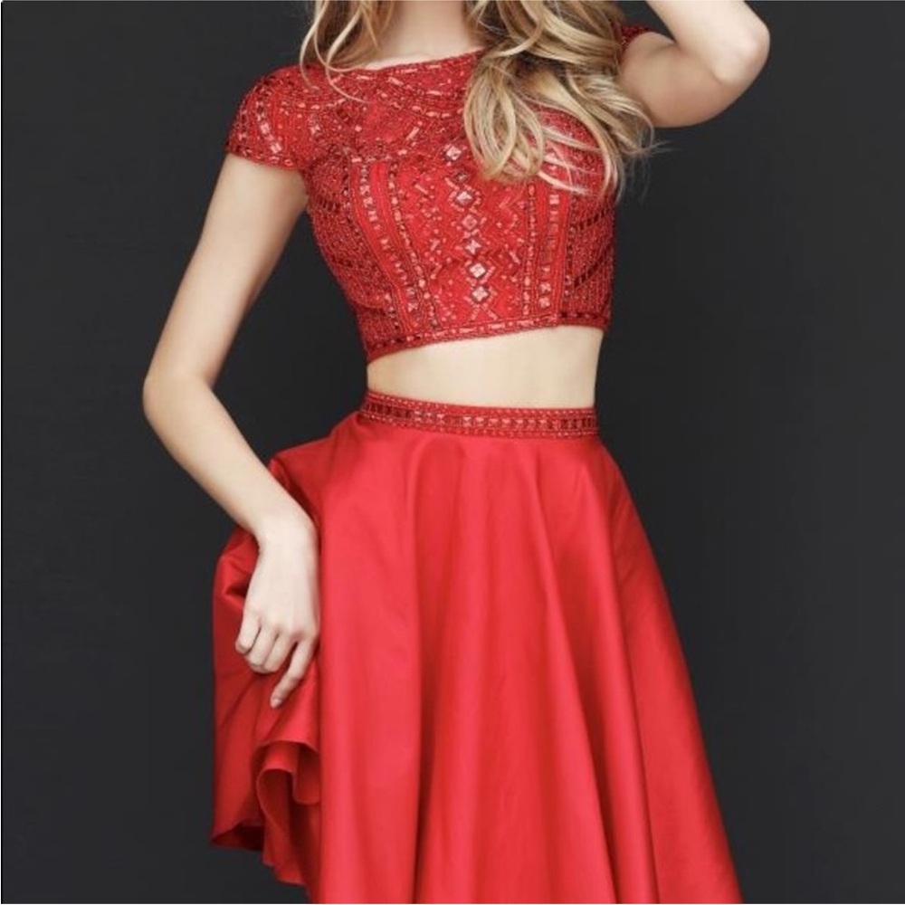 Sherri Hill Red Lace Two-Piece Prom Dress